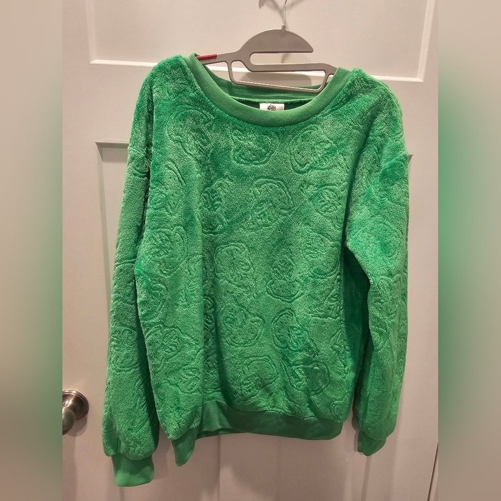 Dr. Seuss The Grinch Green Plush Fleece Sweatshirt Embossed Face Pattern Women’s